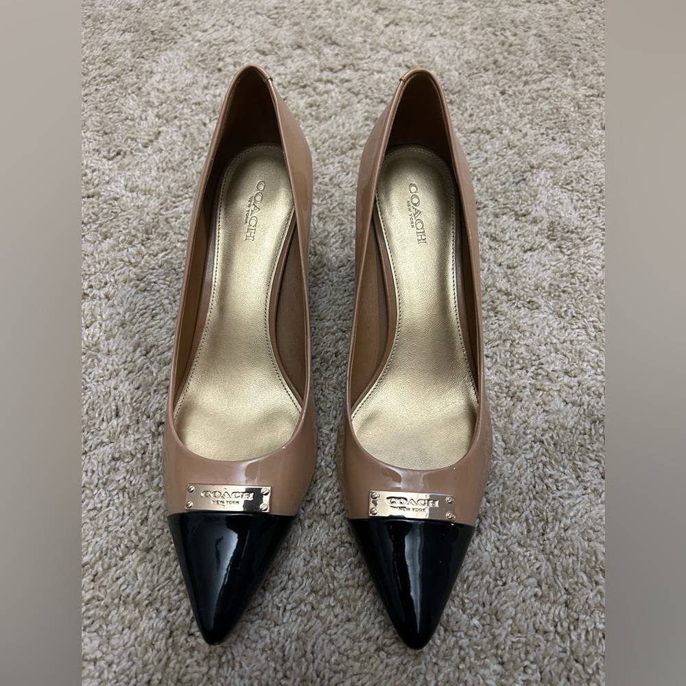 Black & Beige with a gold plate Coach heels